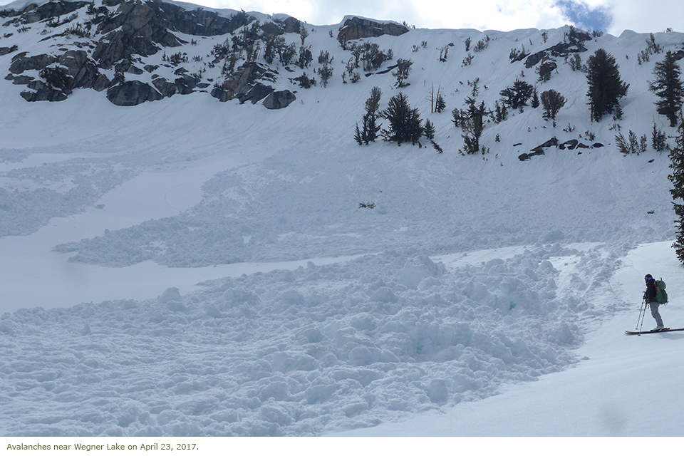 Avalanches near Wegner Lake on April 23, 2017 Skier standing near avalanches near Wegner Lake on April 23, 2017