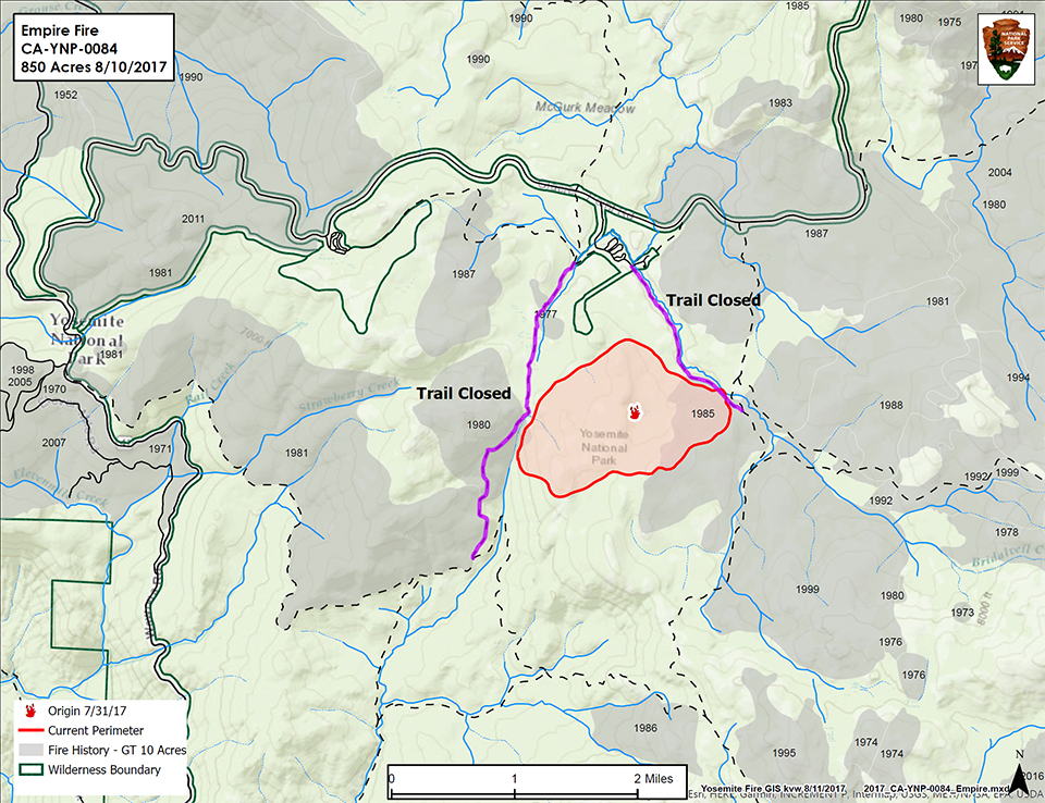 Map showing Empire Fire location and associated trail closures 8.14.17