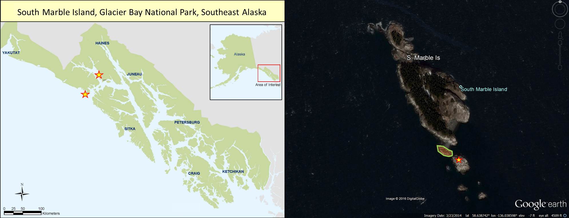 Map of sea lion locations in GB Map and image of sea lion haul outs in Glacier Bay