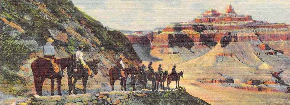 Postcard entitled In the foreground on a ledge is a string of 8 mules with riders taking a break and looking out at a red-banded peak on the right and in the distance
