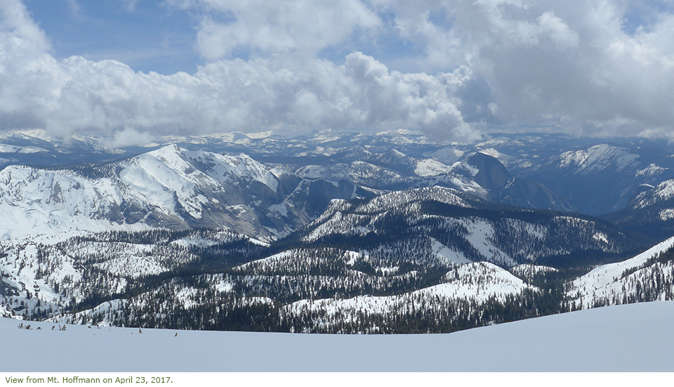 View from Mt. Hoffmann on April 27 Looking from Mt. Hoffmann at Half Dome and other Yosemite peaks