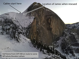 Half Dome SAR (snow on Half Dome) Photo showing snow on sub dome and cable route