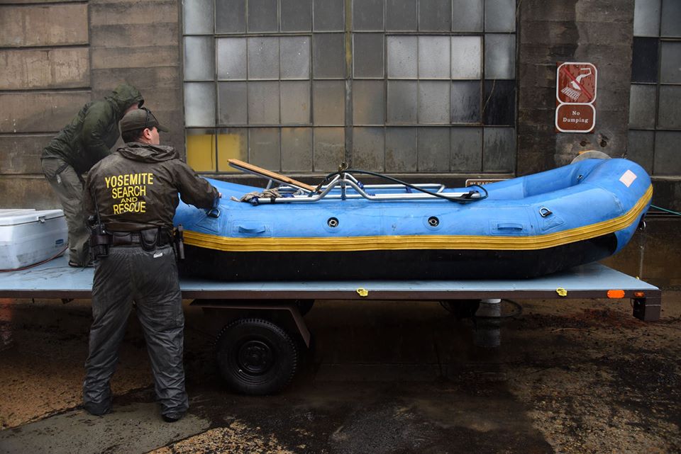 Yosemite Search and Rescue rescue boat Park rangers prepare a rescue raft for possible use during flood