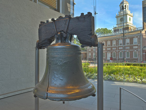 Liberty Bell with Independence Hall situated behind