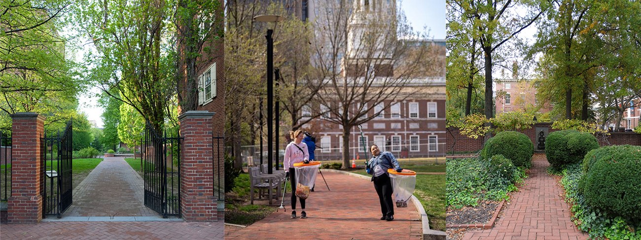 Triptych images- First is of two volunteers holding trash bags with Independence Hall in the background; second is a map of the park; third is a garden with a brick pathway.
