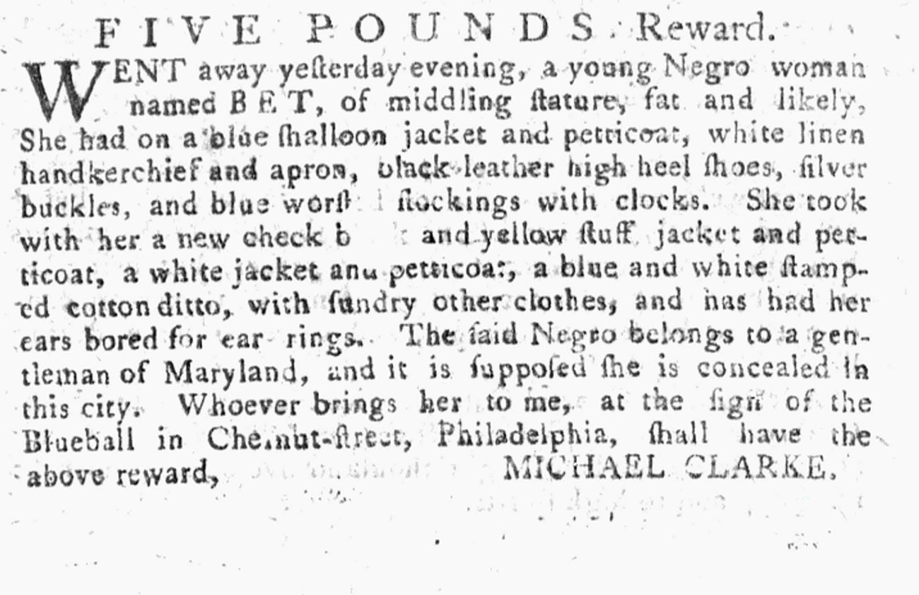 Black and white newspaper ad for freedom seeker Bet offering 5-pound reward for her return Black and white newspaper ad for freedom seeker Bet offering 5-pound reward for her return