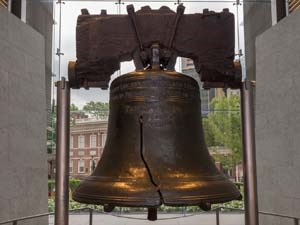 Close-up of the Liberty Bell hanging in the Liberty Bell Center, at Independence National Historical Park, Philadelphia, Pa.