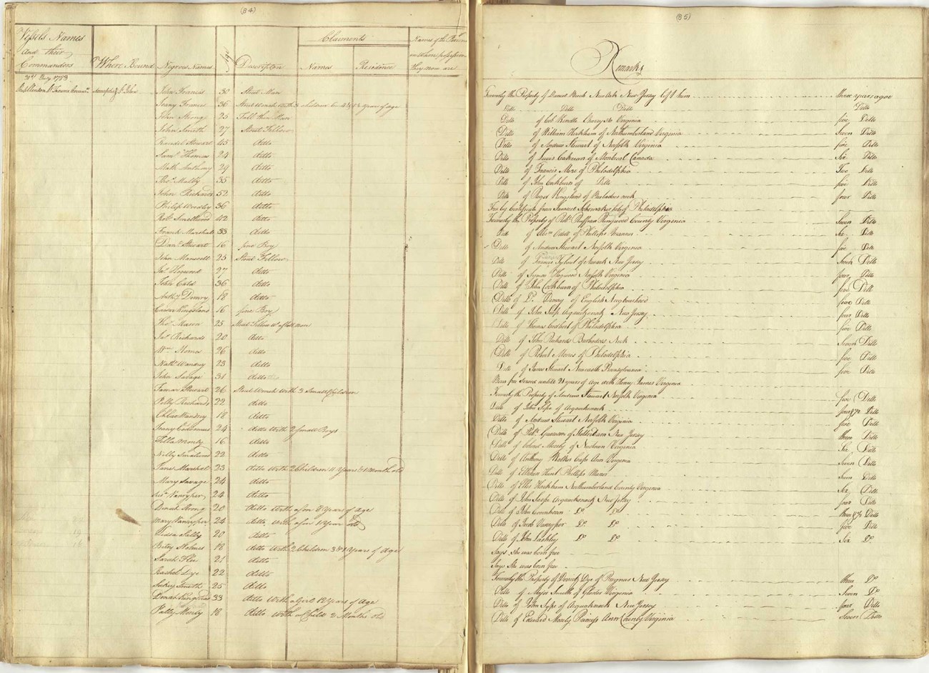 Page 84 and 85 of the Book of Negroes featuring the line about freedom seeker, William Homes, 1783. Dark ink handwriting on yellowed paper in a book.