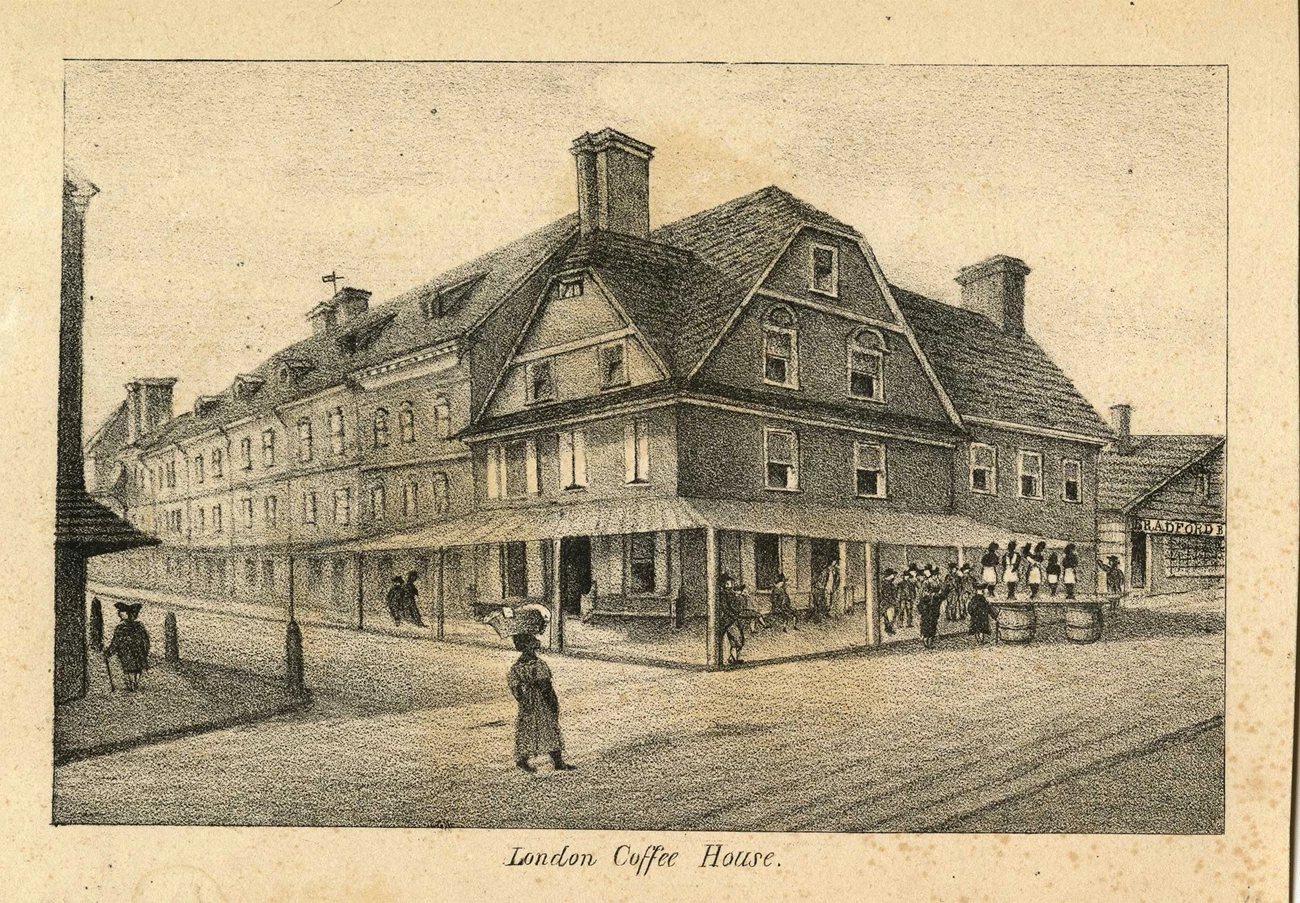 William Breton’s lithography of London Coffee House in colonial times. Black print on aged paper.
