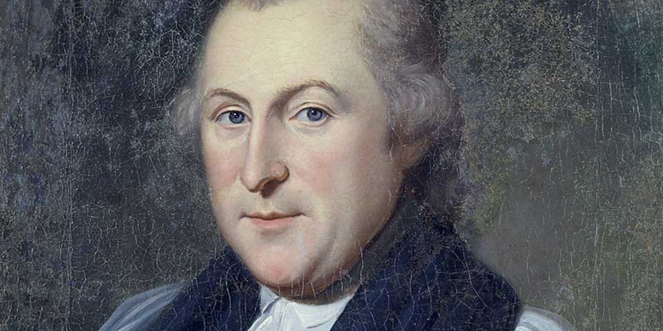 Color image of a detail of a painting of Bishop William White. White has powdered hair and blue eyes. Color image of a detail of a painting of Bishop William White. White has powdered hair and blue eyes.