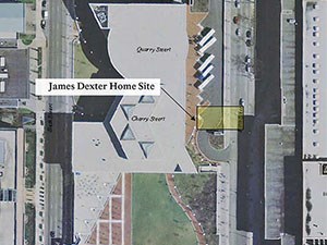 The image is an aerial map indicating where James Dexter's home was located in context to the National Constitution Center's present day location.