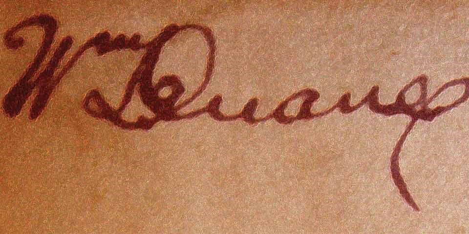Image of signature of W Duane, written in reddish brown ink on a tan background. Image of signature of W Duane, written in reddish brown ink on a tan background.