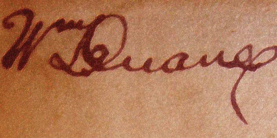 Image of signature of W Duane, written in reddish brown ink on a tan background.