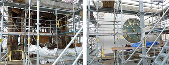 Two side-by-side photos showing the scaffolding around the clock tower. The left photo shows repairs being made, and the right photo shows finished repairs.