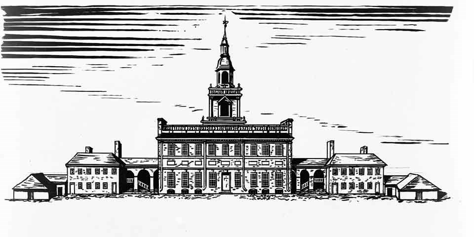 Black and white drawing showing the State House (Independence Hall) with wing buildings and adjoining wooden sheds about 1776.