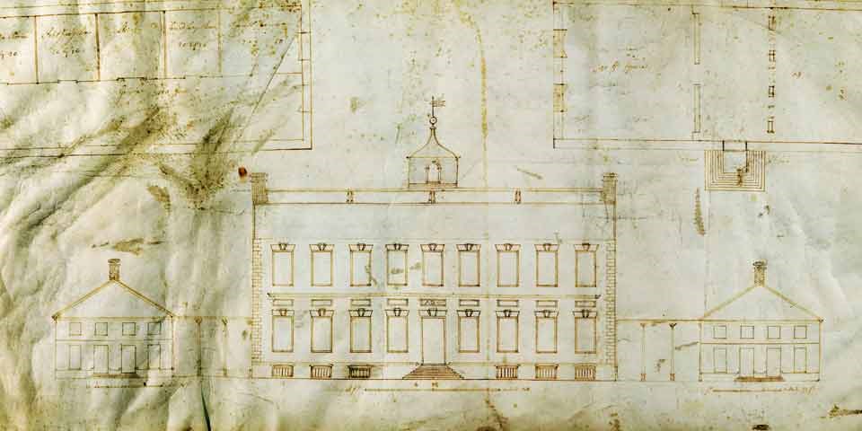 Drawing from 1732 showing a two story building with a smaller building on each side.