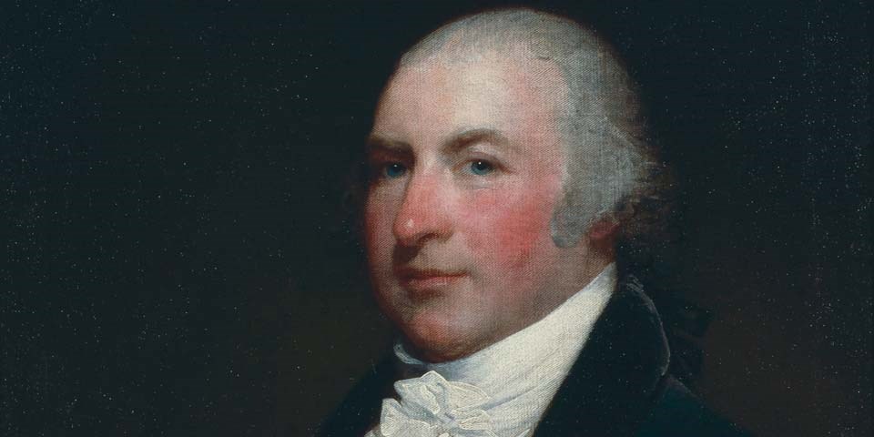 Color image of a detail of a painting of Isaac Franks, a man with white hair and blue eyes. He wears a black coat and white stock. Color image of a detail of a painting of Isaac Franks, a man with white hair and blue eyes. He wears a black coat and white stock.