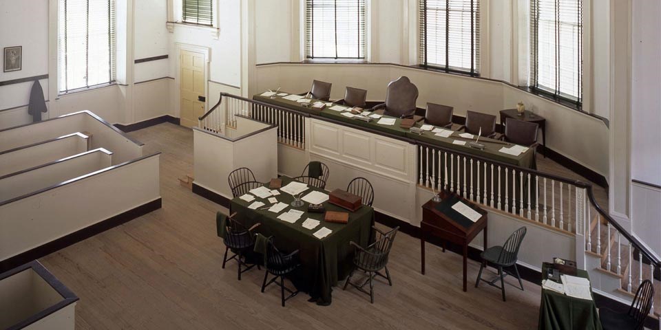 Color photo of the Old City Hall courtroom shot from above looking down on the judges bench with six leather chairs, and a wooden jury box and lawyers table.