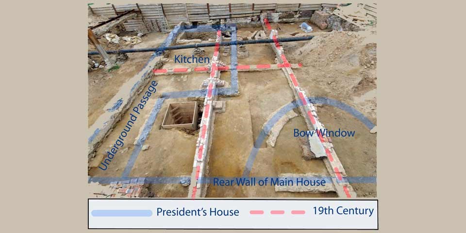 Color photo of the dig site at the President's House location with red and blue lines indicating the later 19th century walls, and the earlier 18th century construction.