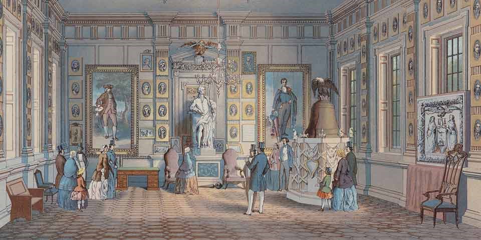 Color image of an 1856 print of the Assembly Room showing people looking at portraits on walls, and at the Liberty Bell in the room.