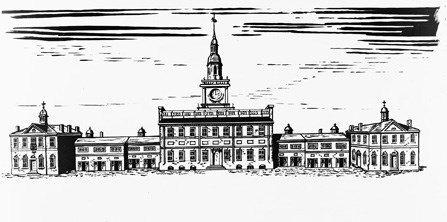 Drawing showing the State House as it appeared in 1828 with the addition of the tower by William Strickland.