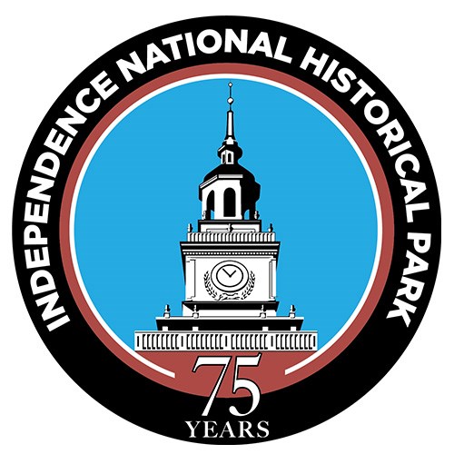 75 anniversary circle logo with tower of Independence Hall on blue background