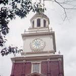 Independence Hall tower showing one clock face.