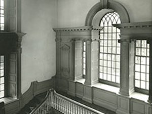 Interior view of large Venetian window and staircase inside Independence Hall.