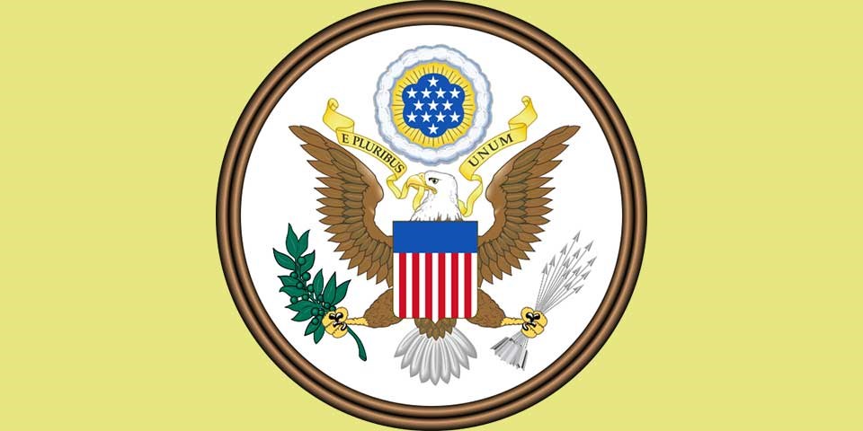 Color illustration of the Great Seal of the U.S., showing an eagle holding an olive branch and arrows, with the motto "E Pluribus Unum."