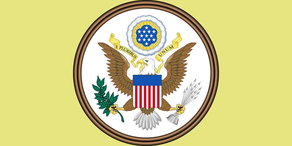 Color illustration of the Great Seal of the U.S., showing an eagle holding an olive branch and arrows, with the motto "E Pluribus Unum." Color illustration of the Great Seal of the U.S., showing an eagle holding an olive branch and arrows, with the motto "E Pluribus Unum."