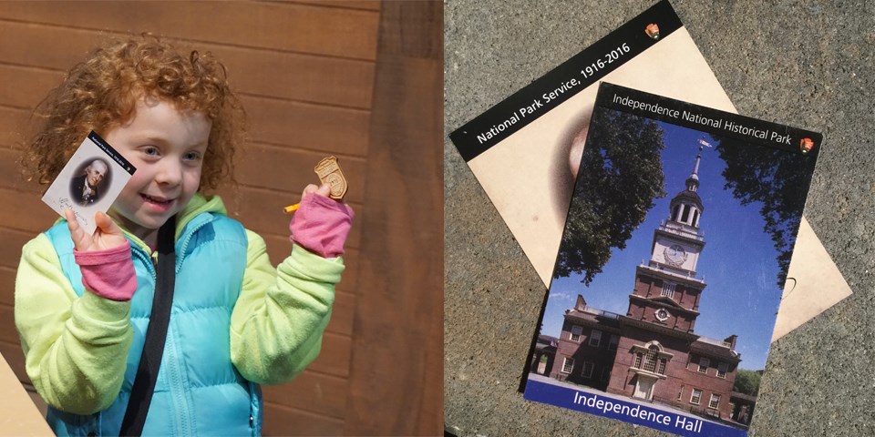 Color photos - one of little girl holding up trading card on left; picture of Independence Hall trading card on right.