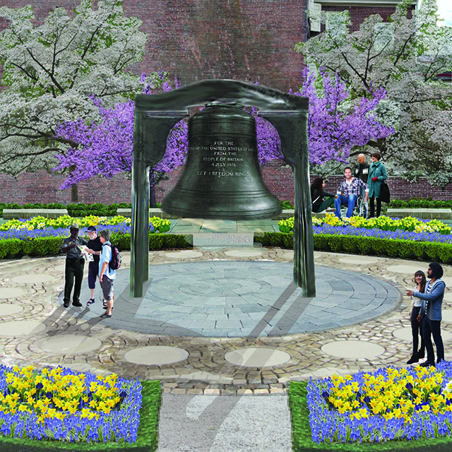 Artist concept drawing showing a large bell in the center of a garden with people