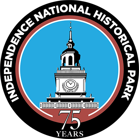 circle logo with clock tower of Independence Hall, text says Independence National Historical Park 75 years
