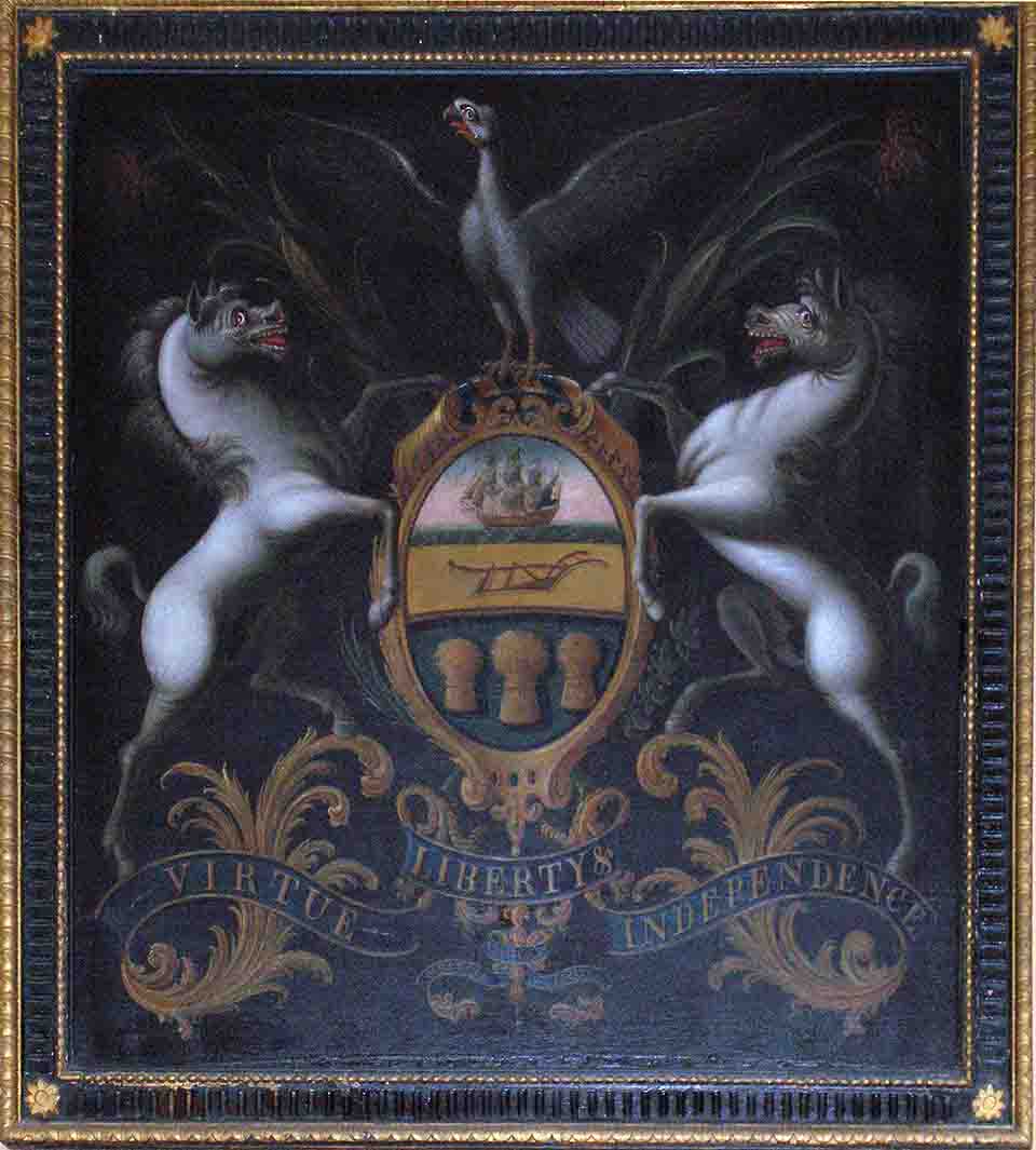 Pennsylvania coat of arms PA coat of arms with a shield crested by an American bald eagle, flanked by horses, and adorned with a ship; a clay-red plough, and three golden sheaves of wheat. An olive branch and cornstalk cross limbs beneath. "Virtue, Liberty and Independence"