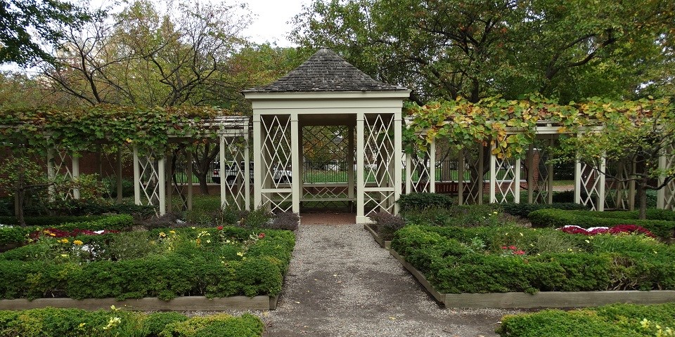 Color photo of white gazebo behind a row of raised flowerbeds.