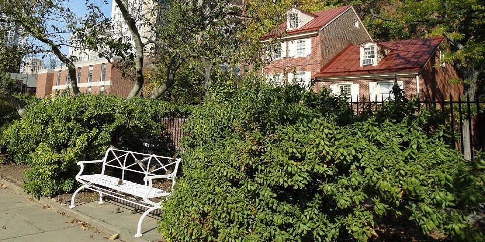 Color photo showing white bench surrounded by foliage with brick homes in the background.