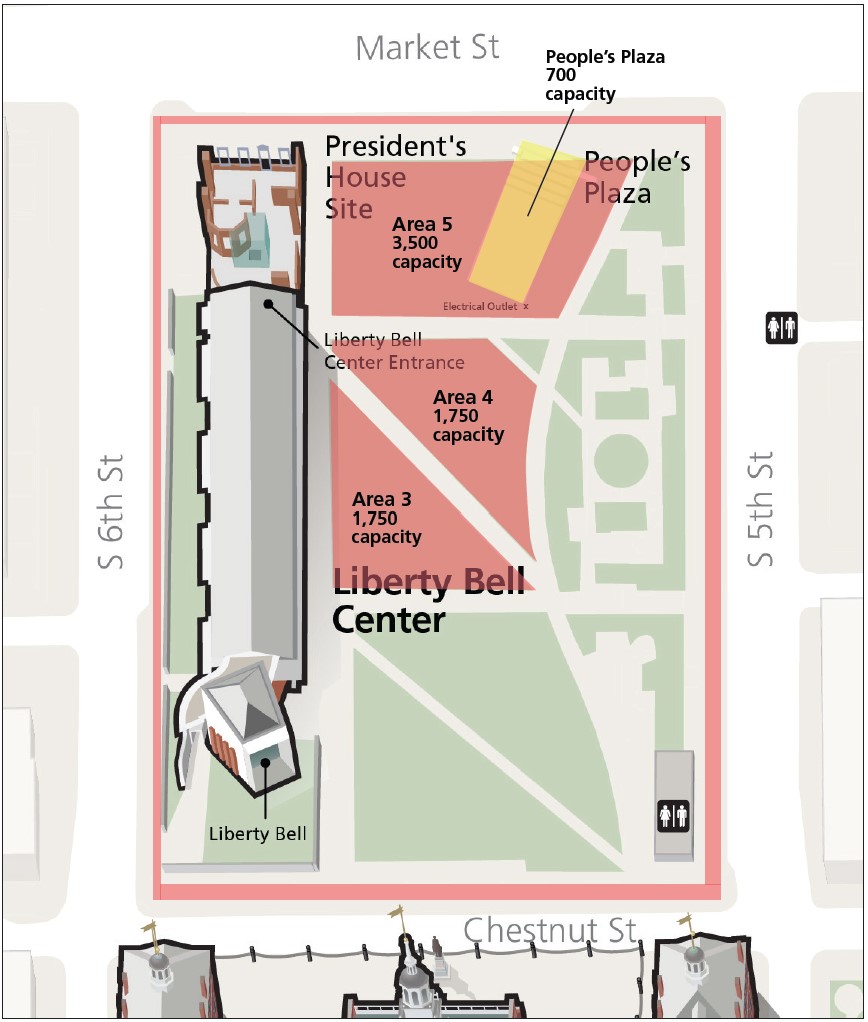 A map showing the Liberty Bell Center at Independence NHP. Buildings are highlighted in color and labeled. Grassy areas indicated in green. Streets and walkways are tan and white. First Amendment demonstration areas are highlighted in red.