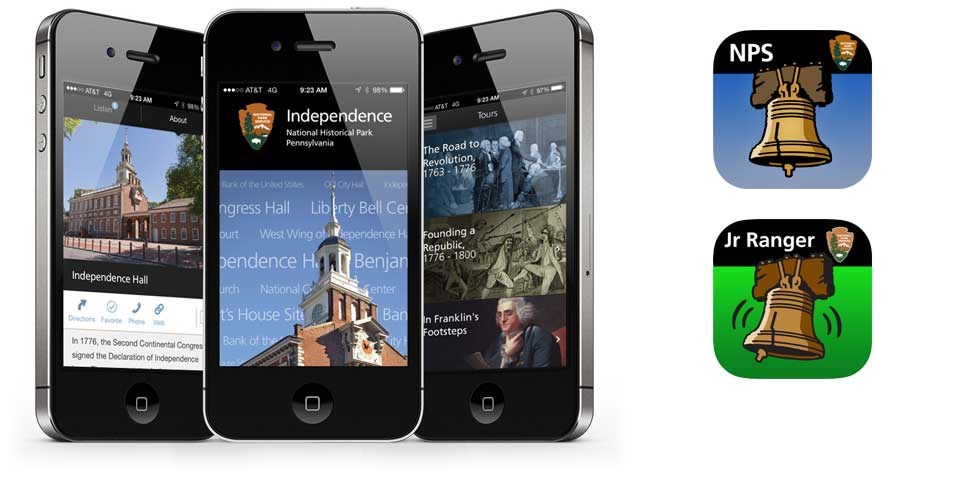 Color image of three iPhones displaying the park's mobile app, and the app icons for the main app and Junior Ranger app. Color image of three iPhones displaying the park's mobile app, and the app icons for the main app and Junior Ranger app.