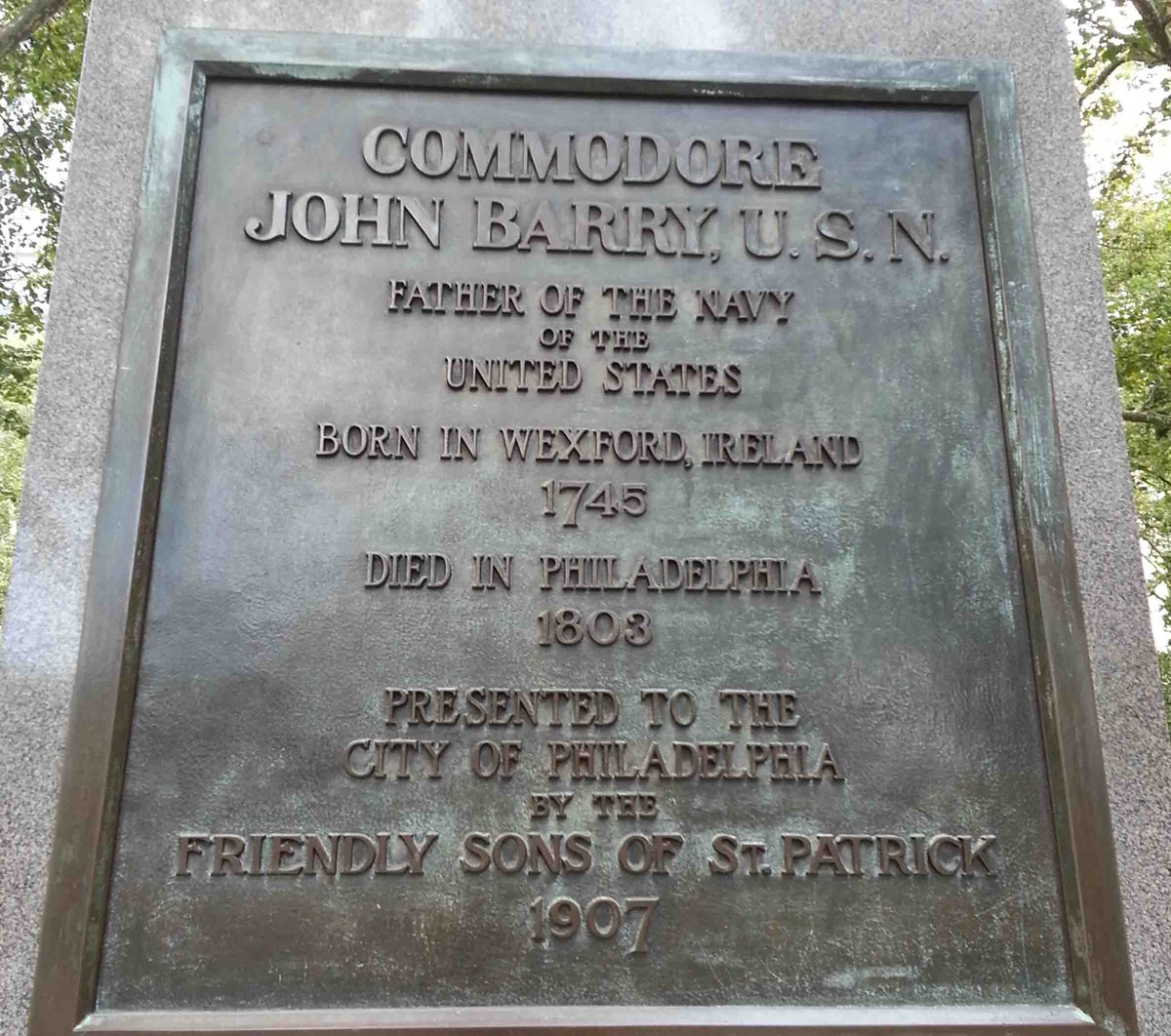Plaque on the north side of the Barry Statue in Independence Square