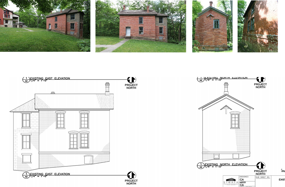 Brick House 1 The brickhouse sits behind the Bailly main house. 2 line drawings show the East and North profile views of the 2-story brick house. A series of 4 photos show various angles of the building as it sits on a manicured lawn next to the Bailly main house.