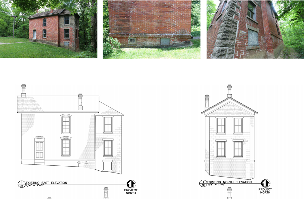 Brick House 2 The brickhouse sits behind the Bailly main house. 2 line drawings show the East and North profile views of the 2-story brick house. A series of 4 photos show various angles of the building as it sits on a manicured lawn, next to the Bailly mainhouse.