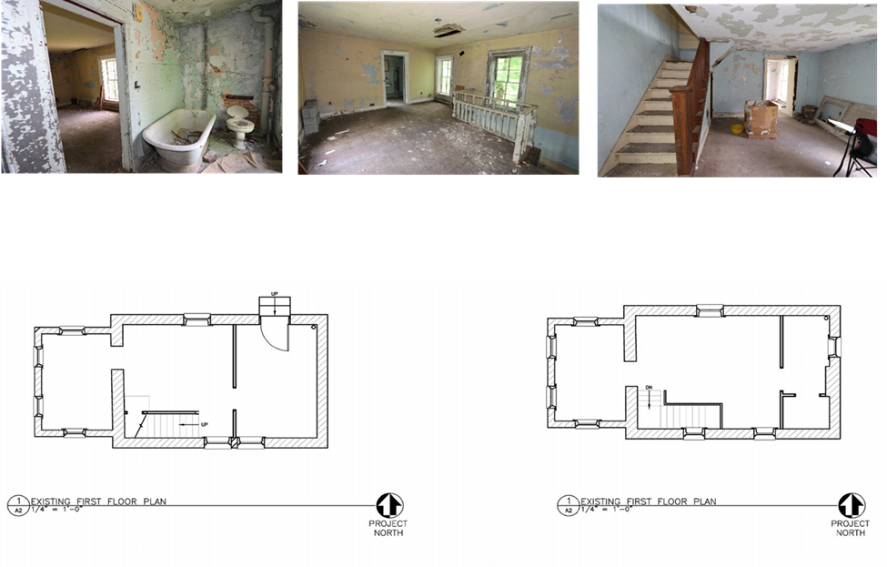 Brick House 3 2 line drawings show the inside of the brick house. Both first and second floors are mostly open concepts with stairs depicted towards the bottom of the drawing. On both drawings a wall is drawn 1/3 of the way through the building on the right.