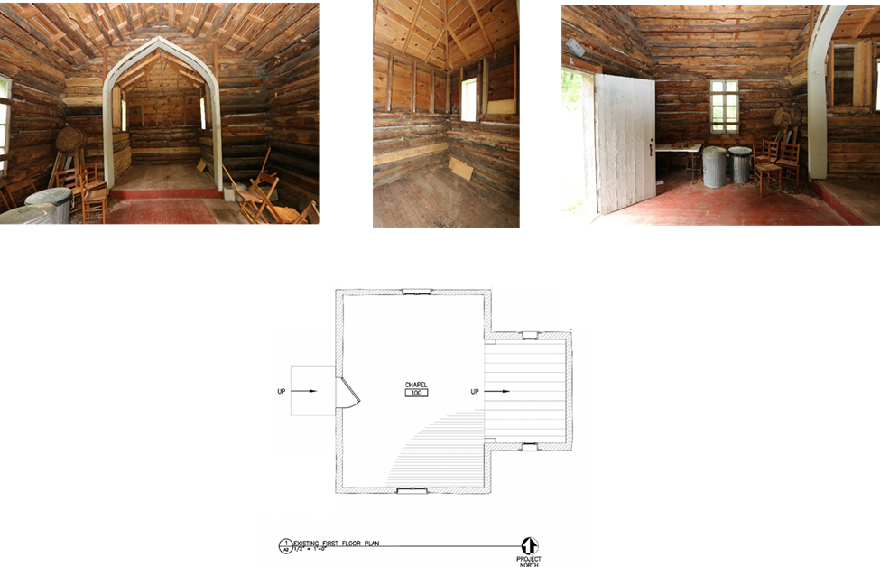 Bailly Chapel 2 RFEI An image of a line drawing depicting the interior of the log cabin chapel shows a large single room with bump-out. The door is shown on the left. Above are 3 photos showing the interior.