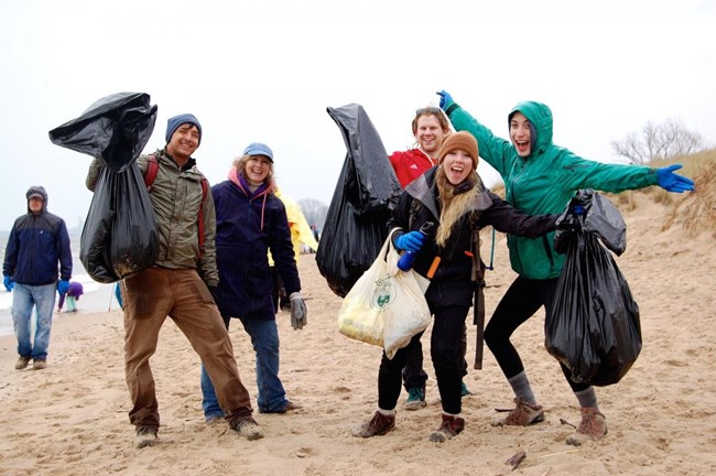 Volunteers picking up trash