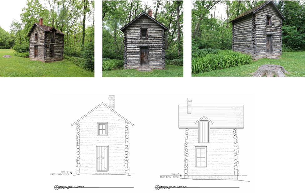 2-story Log Cabin 1 A two story log cabin sits on a manicured lawn with trees behind it. A line drawing shows the west and south profiles of the building. The cabin has a single door with a window directly above it.