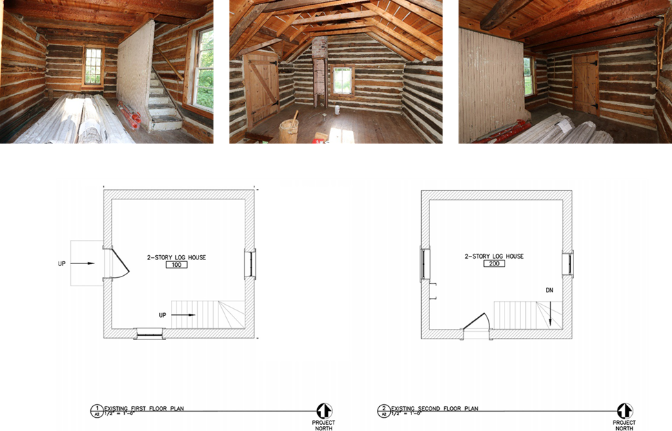 2-story Log Cabin 2 2 line drawings show the interior of the 2-story wooden cabin. Both are square and have stairs in the lower right corner. On the left, which depicts the first floor, a door is drawn on the left.