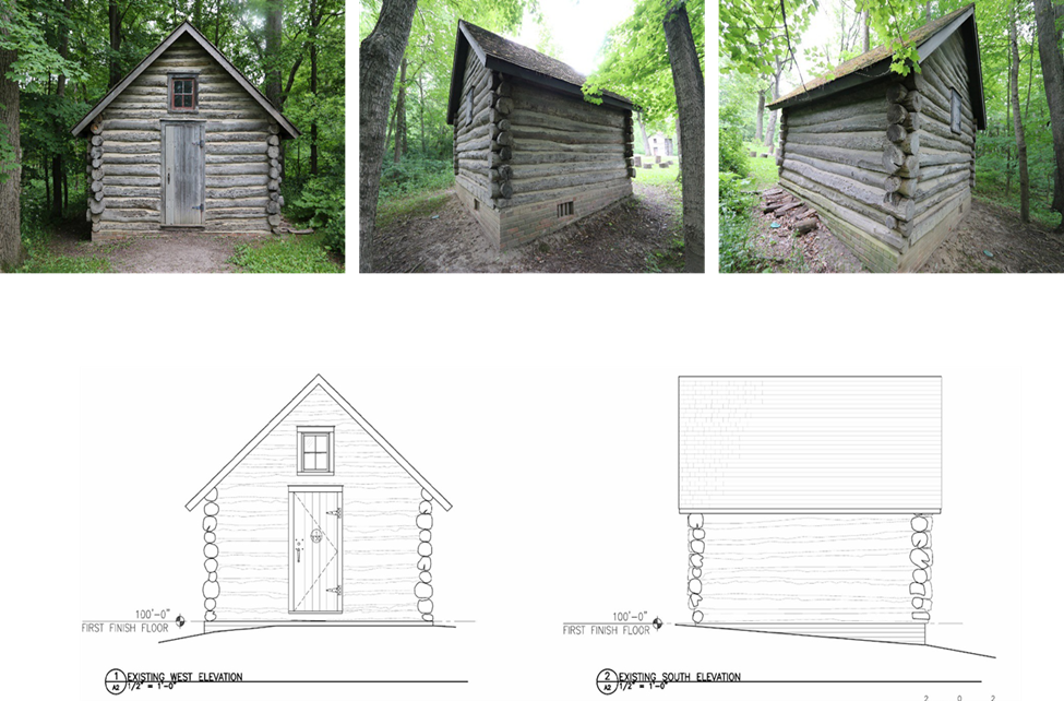 Bailly Storehouse 1 RFEI This image shows a line drawing of a single-storywooden cabin from both the western and southern sides. Above the line drawings are 3 photos showing the log cabin from various angles.