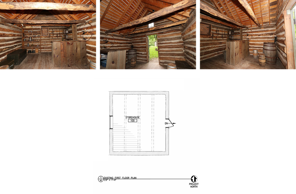 Bailly Storehouse 2 RFEI This photo shows a line drawing of the interior of the cabin. Above are a series of 3 photos showing the interior of the cabin.