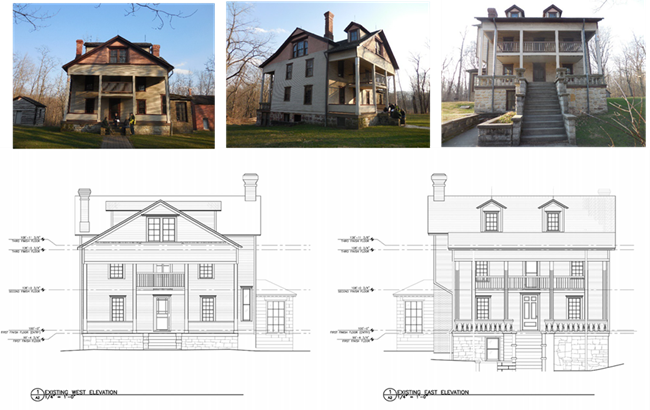 Photos depicting the east and western sides of the bailly mainhouse.  Below are line drawings of the same profiles of the house.
