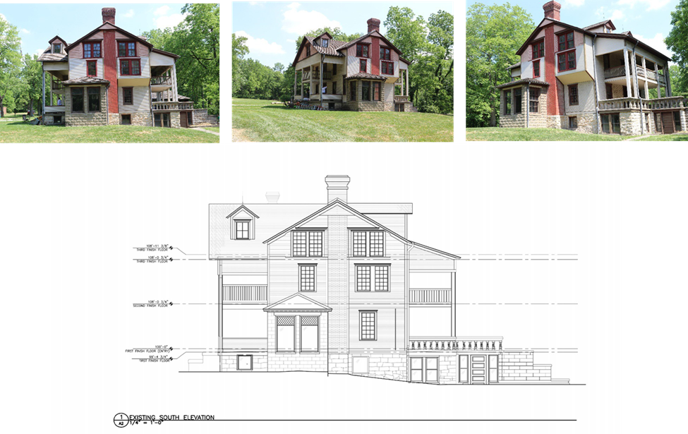 main house 2 A line drawing shows the southern view of the house with a gentle slope 1/2 way through the house. Above are a series of 3 shots showing different angles of the southern side of the Bailly main house.